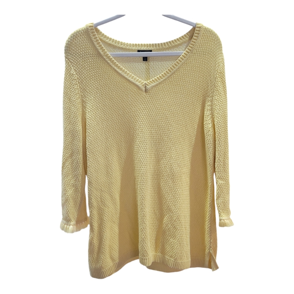 Talbots Womens Sweater Tunic Yellow Cotton V-Neck Fringe Hem 3/4 Sleeve XLP